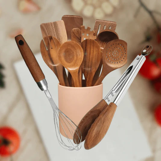 Conjunto de 11 Peças de Utensílios de Cozinha em Teca e Acácia