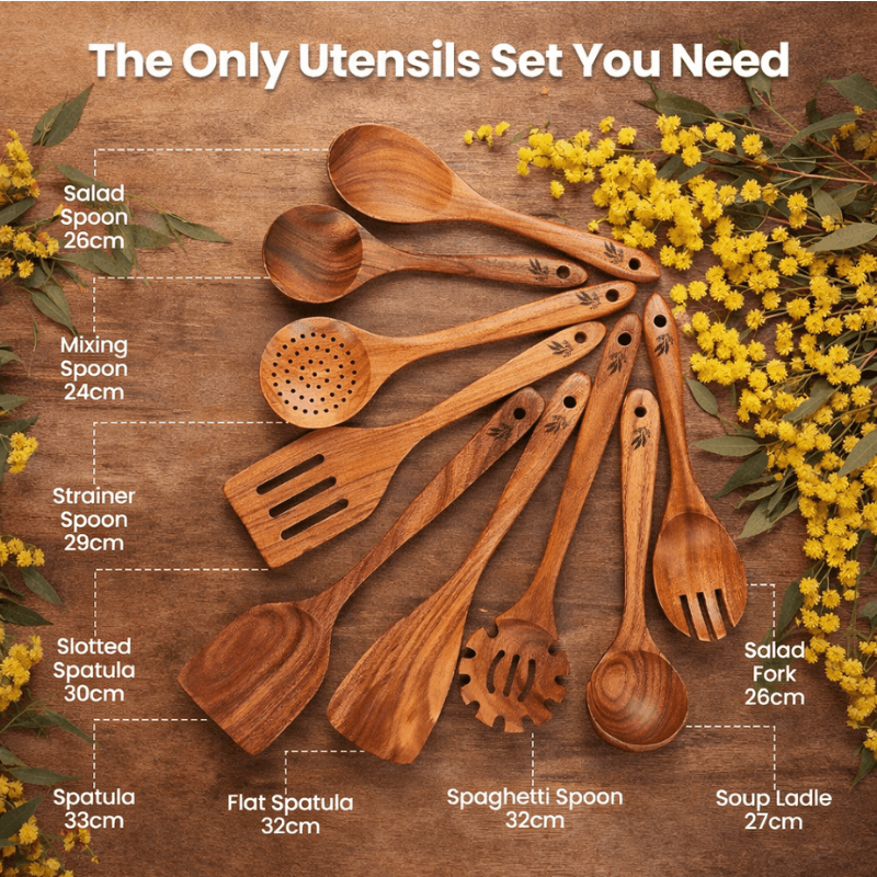Conjunto de 9 Peças de Utensílios de Cozinha em Teca Natural