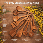 Conjunto de 9 Peças de Utensílios de Cozinha em Teca Natural