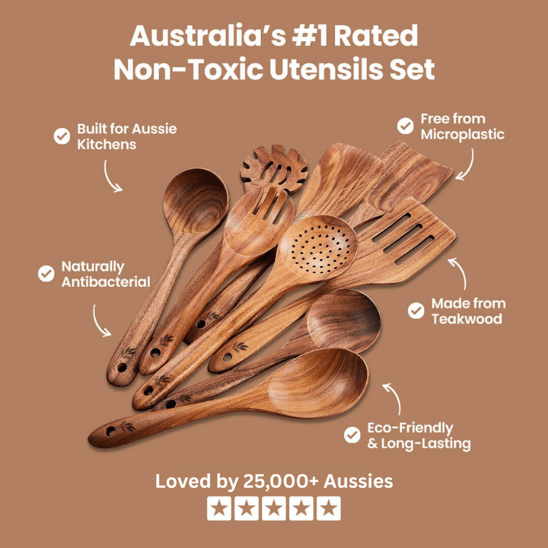 Conjunto de 9 Peças de Utensílios de Cozinha em Teca Natural