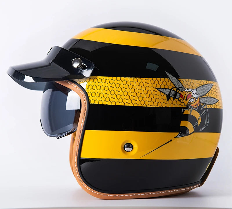 Retro Bee Open-Face Motorcycle Helmet with Built-In Visor