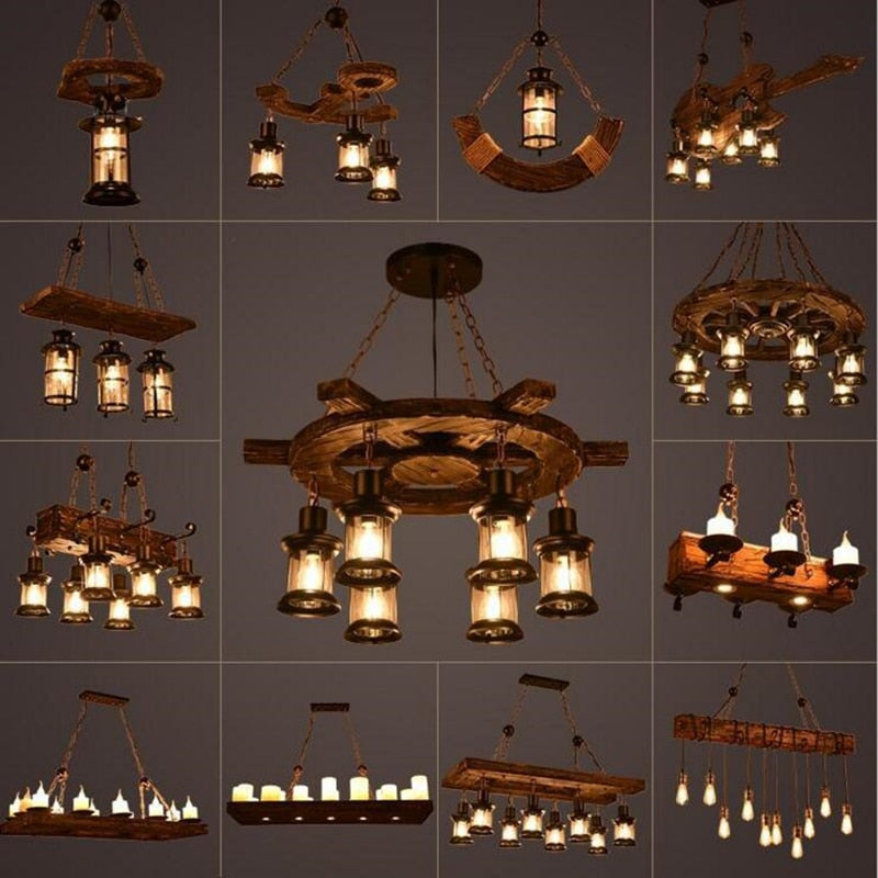 Wood Ceiling Light With LED Illumination In Industrial Antique Style For Modern Interiors
