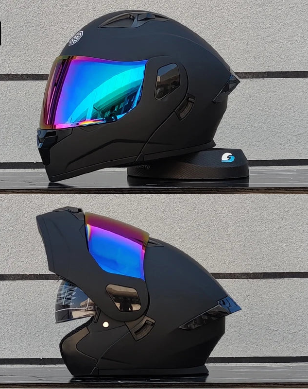 Kask motocyklowy z pełną, odchylaną przednią częścią i dwuwarstwową szybą, zatwierdzony przez DOT