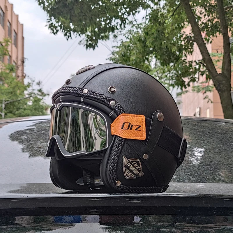 Vintage Style Open Face Helmet For Motorcycles PU Leather DOT Approved