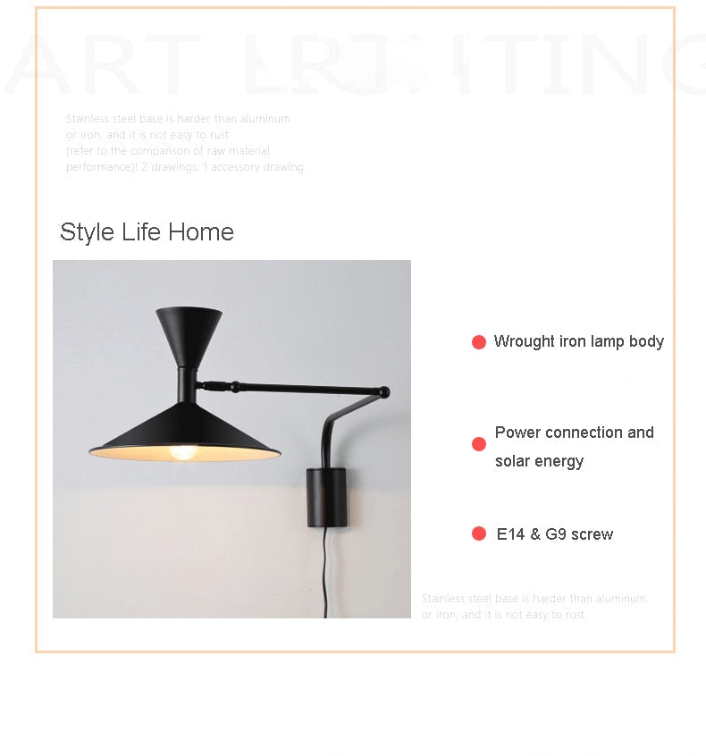 Lámpara de Pared Moderna NovaSwing con Brazo Oscilante y Enchufe para Decoración de Dormitorio