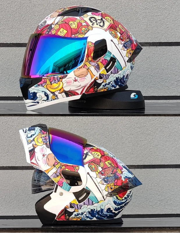 Kask motocyklowy z pełną, odchylaną przednią częścią i dwuwarstwową szybą, zatwierdzony przez DOT