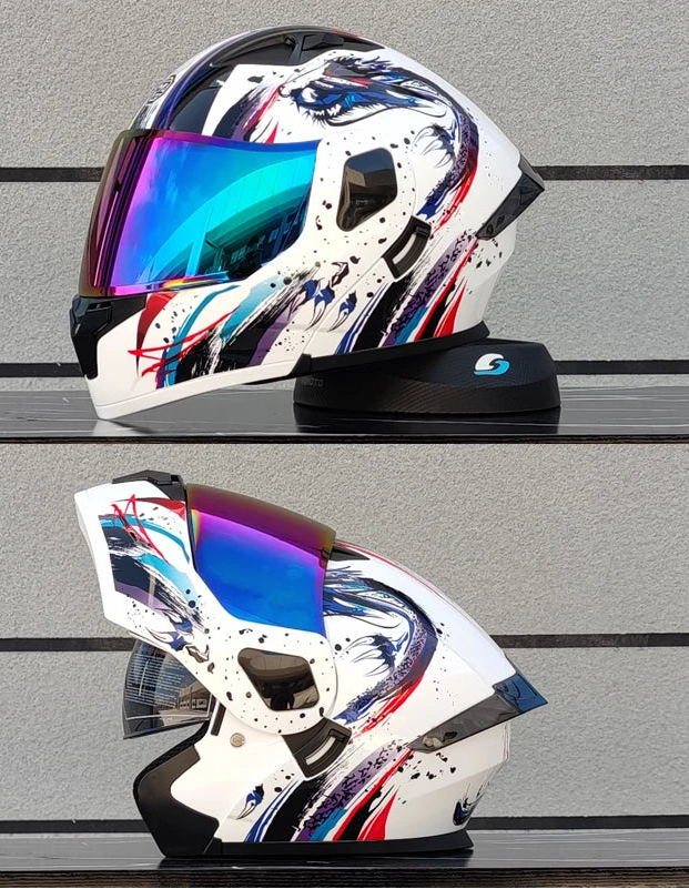 Kask motocyklowy z pełną, odchylaną przednią częścią i dwuwarstwową szybą, zatwierdzony przez DOT