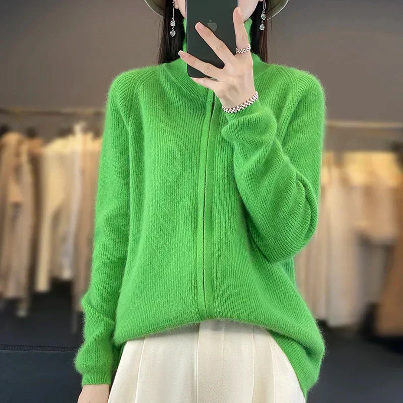 Lyra Cashmere Zip Cardigan In Relaxed Korean Knit, Long Sleeve