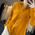 Lyra Cashmere Zip Cardigan In Relaxed Korean Knit, Long Sleeve