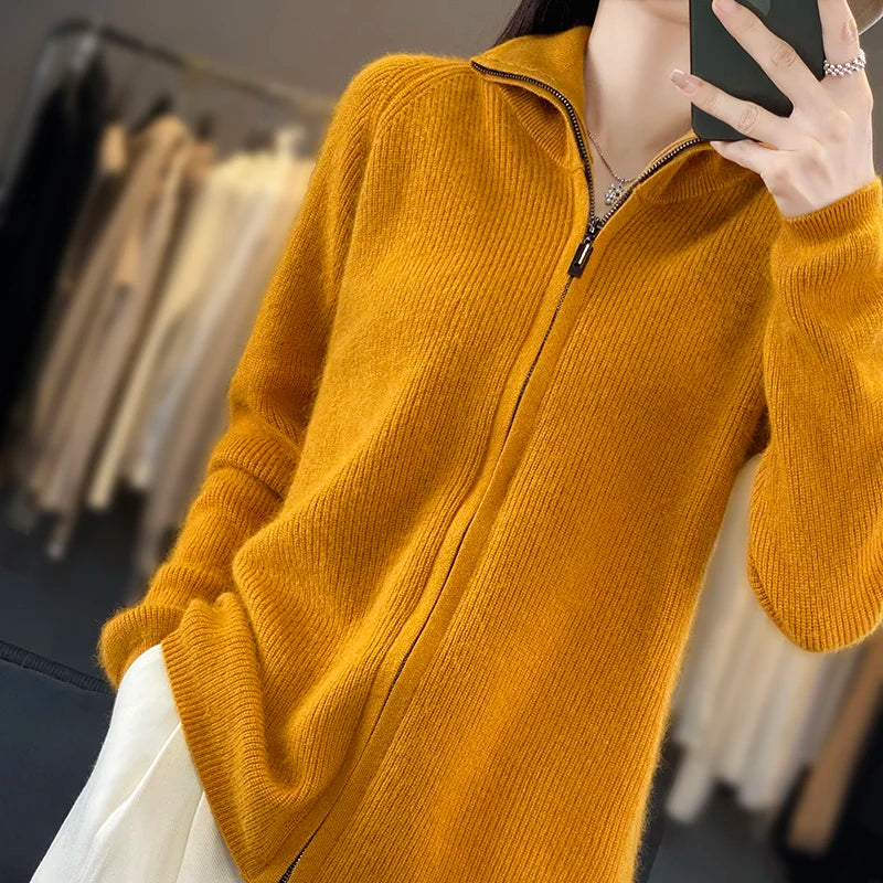 Lyra Cashmere Zip Cardigan In Relaxed Korean Knit, Long Sleeve
