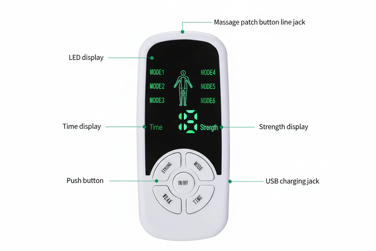TENS-stimulator med seks moduser og ti intensitetsnivåer for kroppsmassasje og avslapning
