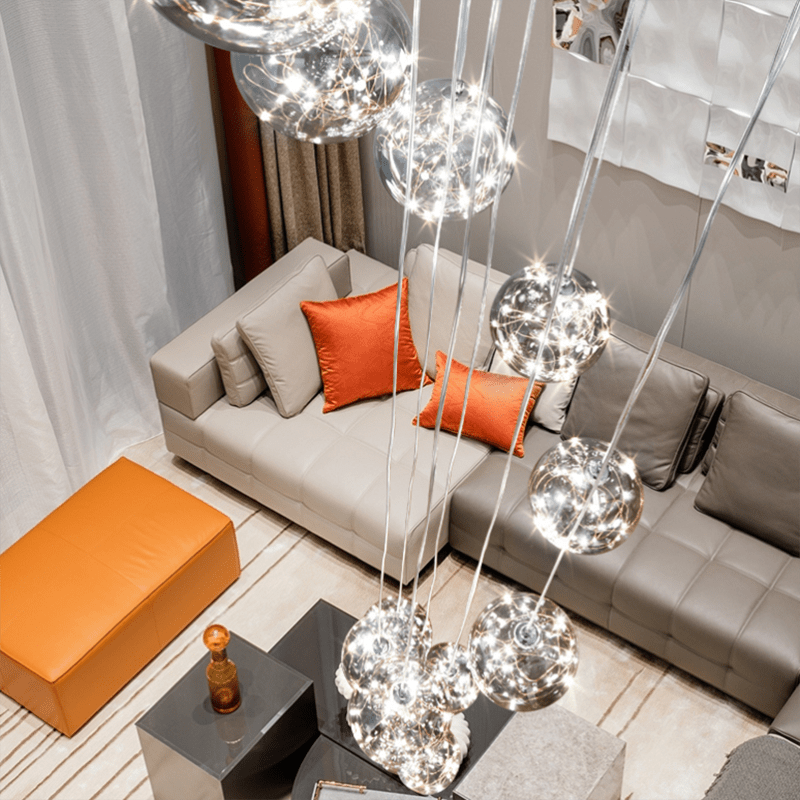 LuminaOrb Glass Globe Staircase Chandelier Ambient Glow