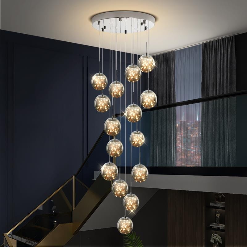 AstraLumen Glass Orb Staircase Chandelier Elevates Stairway Lighting