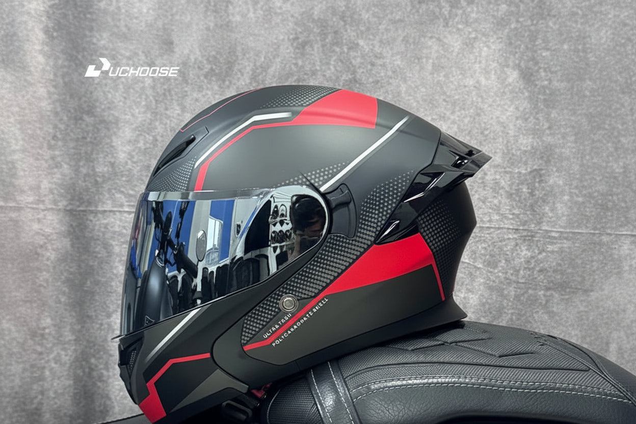 Casco Integrale Moto Ribaltabile con Doppia Lente e Ala Aerodinamica Posteriore Certificato DOT