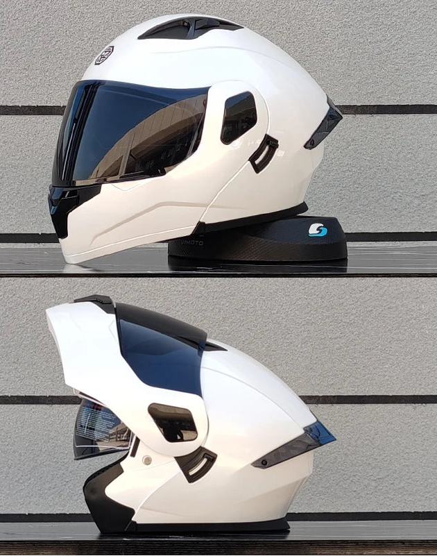 Kask motocyklowy z pełną, odchylaną przednią częścią i dwuwarstwową szybą, zatwierdzony przez DOT