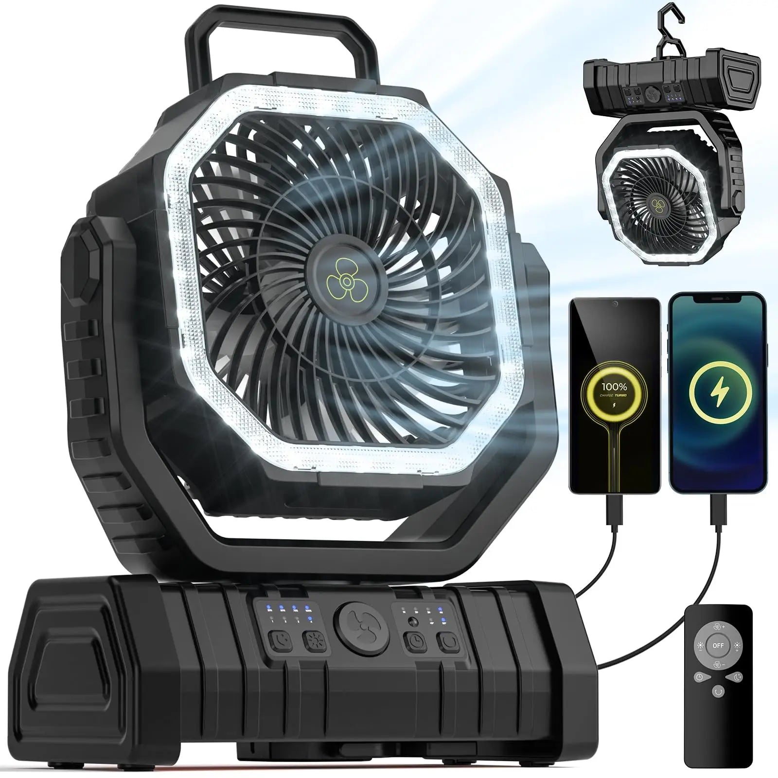 Ventilateur de camping portable rechargeable avec batterie externe LED 20000mAh