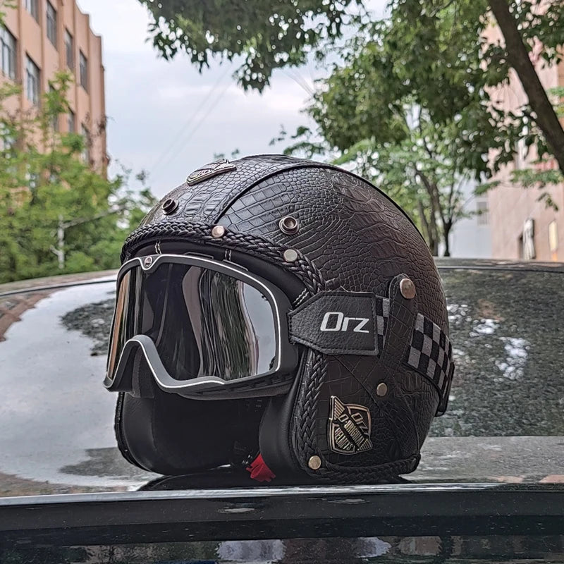 Vintage Style Open Face Helmet For Motorcycles PU Leather DOT Approved