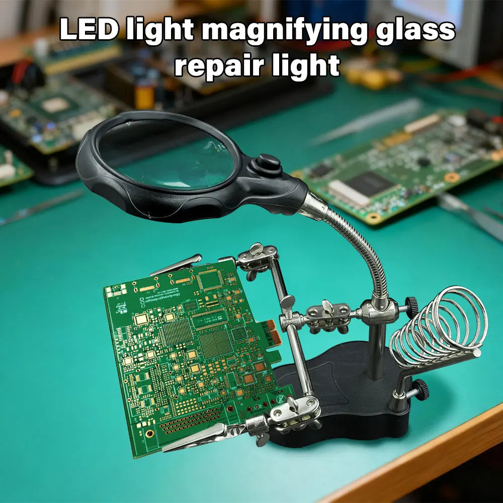 Præcisionsloddehjælpestation med LED-forstørrelsesglas og justerbare clips