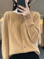 Dame Merinould Cardigan med O-hals Blød Strikbluse
