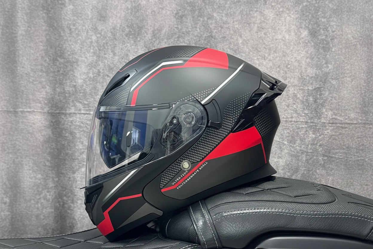 Casco Integrale Moto Ribaltabile con Doppia Lente e Ala Aerodinamica Posteriore Certificato DOT