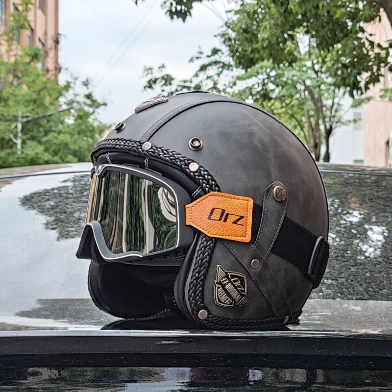 Vintage Style Open Face Helmet For Motorcycles PU Leather DOT Approved