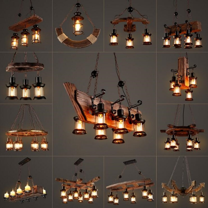 Wood Ceiling Light With LED Illumination In Industrial Antique Style For Modern Interiors