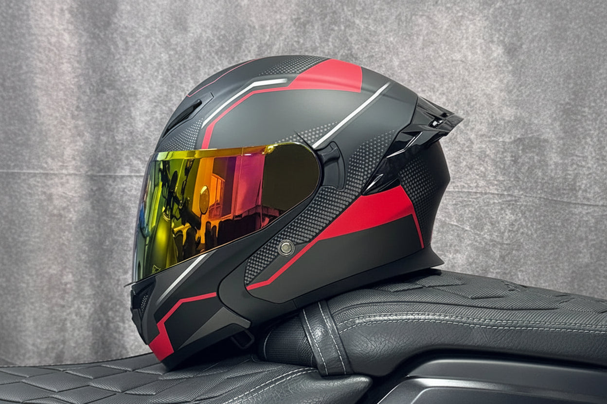 Casco Integrale Moto Ribaltabile con Doppia Lente e Ala Aerodinamica Posteriore Certificato DOT