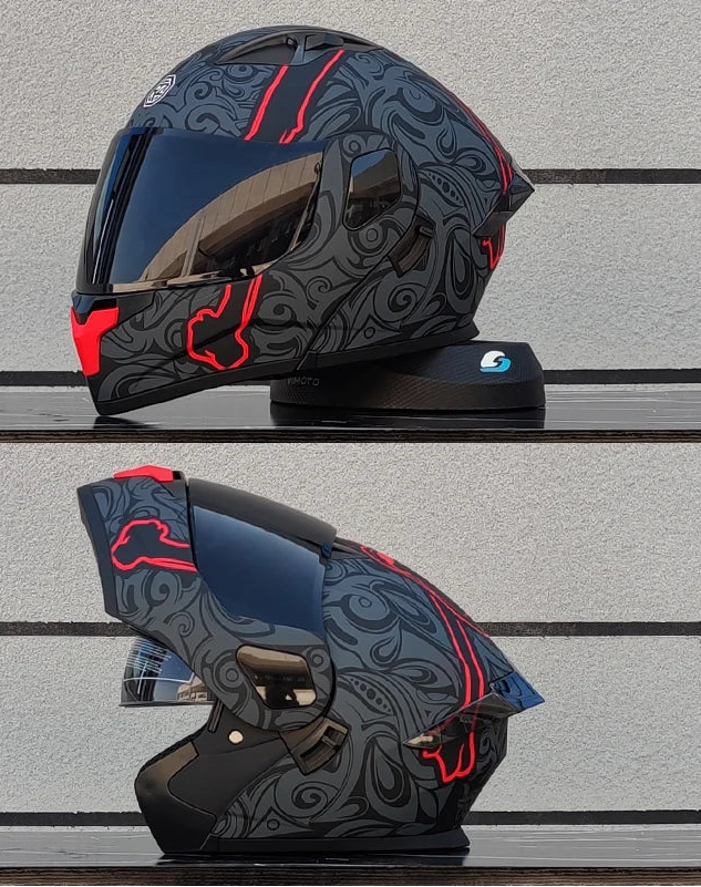 Kask motocyklowy z pełną, odchylaną przednią częścią i dwuwarstwową szybą, zatwierdzony przez DOT