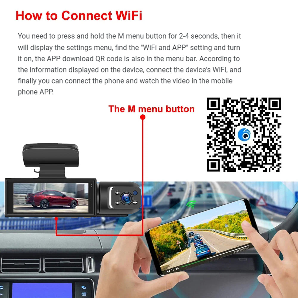 Caméra de tableau de bord WiFi 1080P avec double lentilles avant et cabine