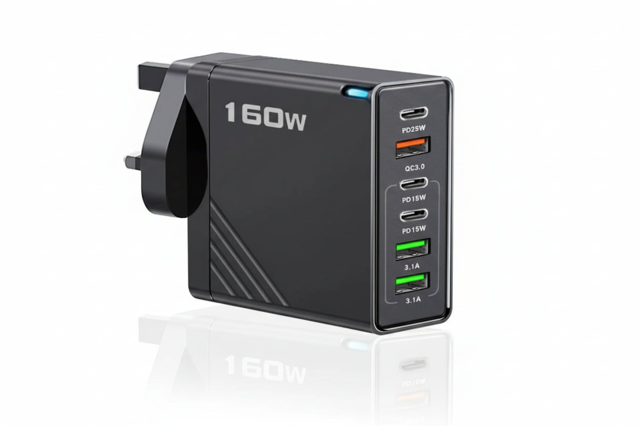 160W USB C vegglader med flere porter og strømsentral