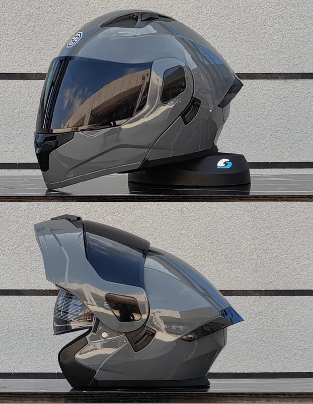 Kask motocyklowy z pełną, odchylaną przednią częścią i dwuwarstwową szybą, zatwierdzony przez DOT