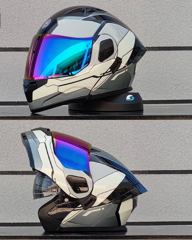 Kask motocyklowy z pełną, odchylaną przednią częścią i dwuwarstwową szybą, zatwierdzony przez DOT