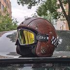 Vintage Style Open Face Helmet For Motorcycles PU Leather DOT Approved