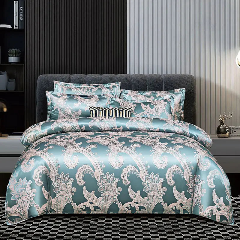Set di biancheria da letto Aurelume in jacquard satinato blu e oro, 264 x 229 cm