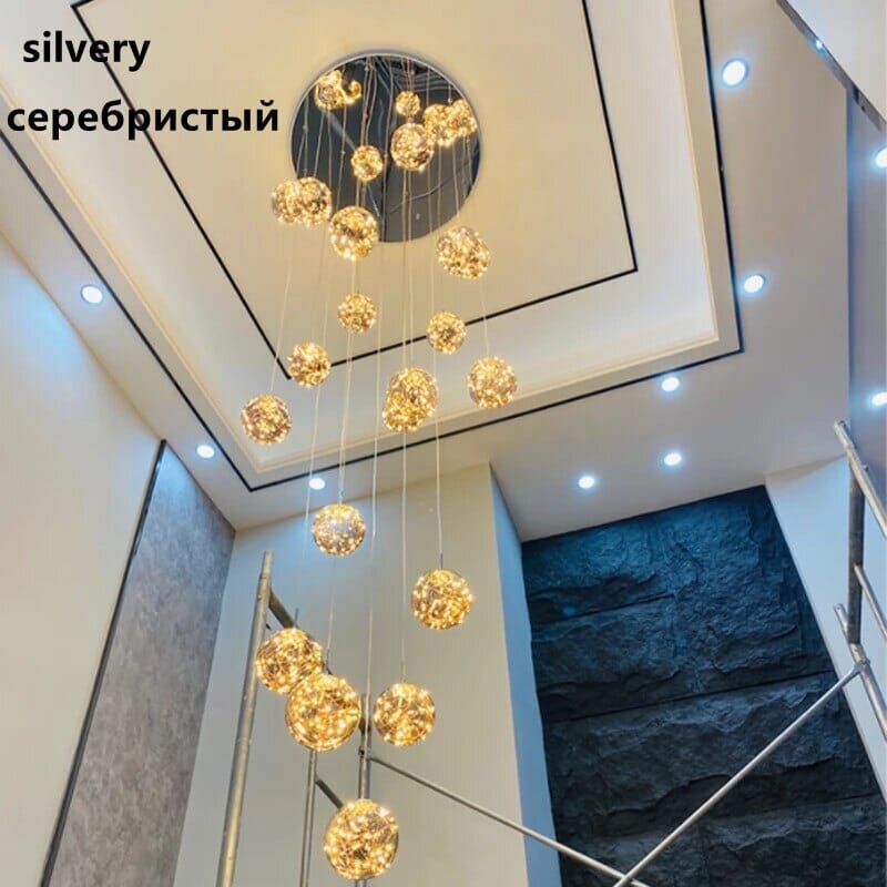 AstraLumen Glass Orb Staircase Chandelier Elevates Stairway Lighting