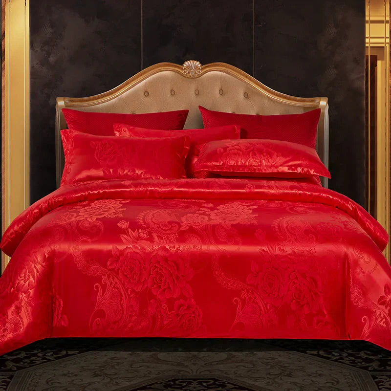 Set di biancheria da letto Aurelume in jacquard satinato blu e oro, 264 x 229 cm