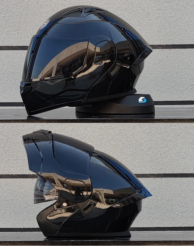 Kask motocyklowy z pełną, odchylaną przednią częścią i dwuwarstwową szybą, zatwierdzony przez DOT