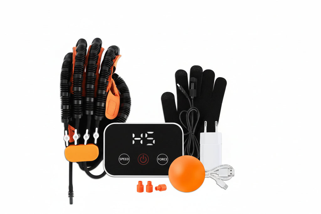Gant de rééducation de la main autonome avec commandes séparées pour chaque doigt et vue miroir