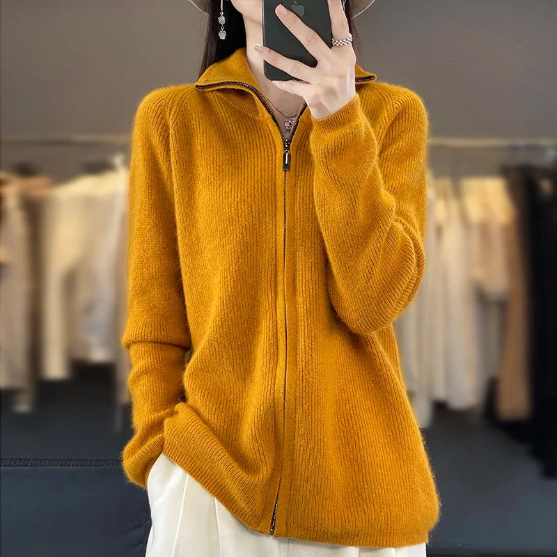 Lyra Cashmere Zip Cardigan In Relaxed Korean Knit, Long Sleeve