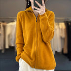 Lyra Cashmere Zip Cardigan In Relaxed Korean Knit, Long Sleeve