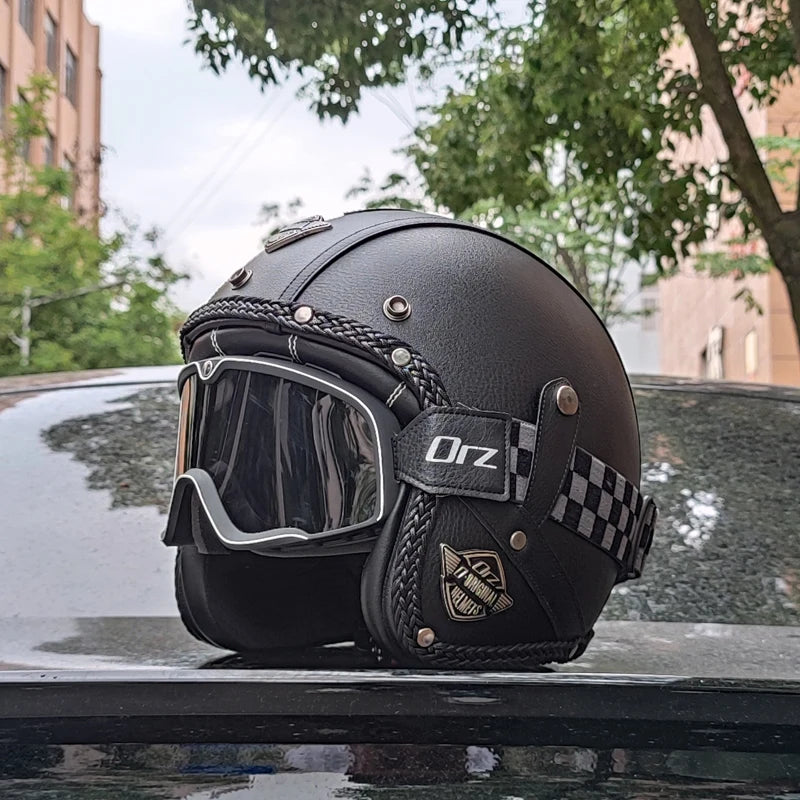 Vintage Style Open Face Helmet For Motorcycles PU Leather DOT Approved