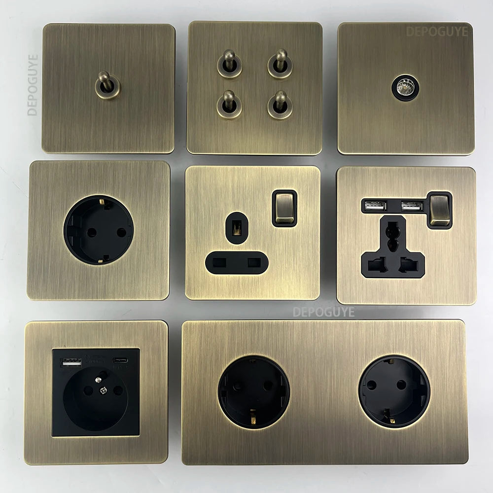 Antieke bronzen metalen wandcontactdoos met USB-oplaadpoort