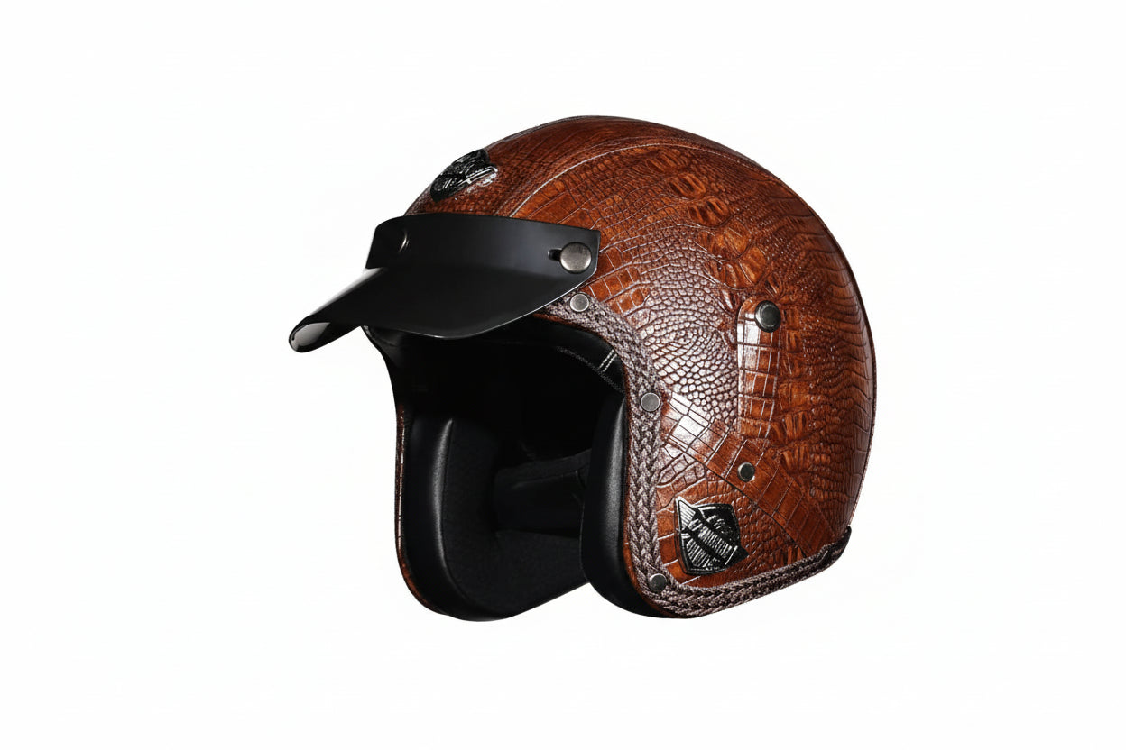 Vintage Style Open Face Helmet For Motorcycles PU Leather DOT Approved