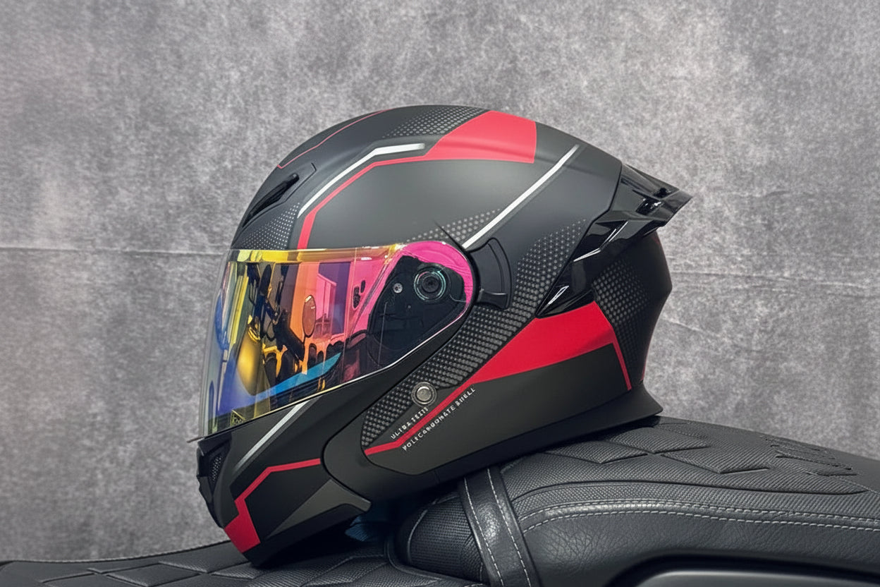 Casco Integrale Moto Ribaltabile con Doppia Lente e Ala Aerodinamica Posteriore Certificato DOT