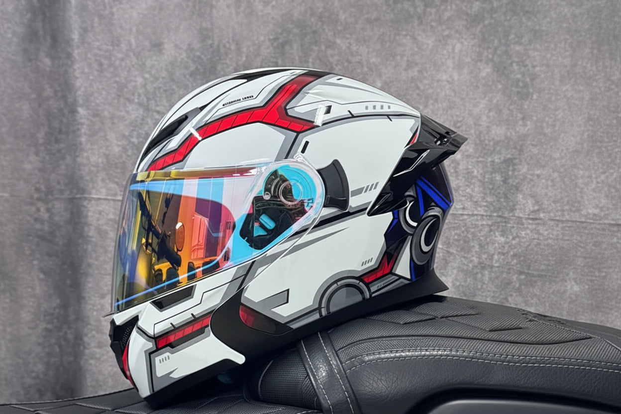 Casco Integrale Moto Ribaltabile con Doppia Lente e Ala Aerodinamica Posteriore Certificato DOT