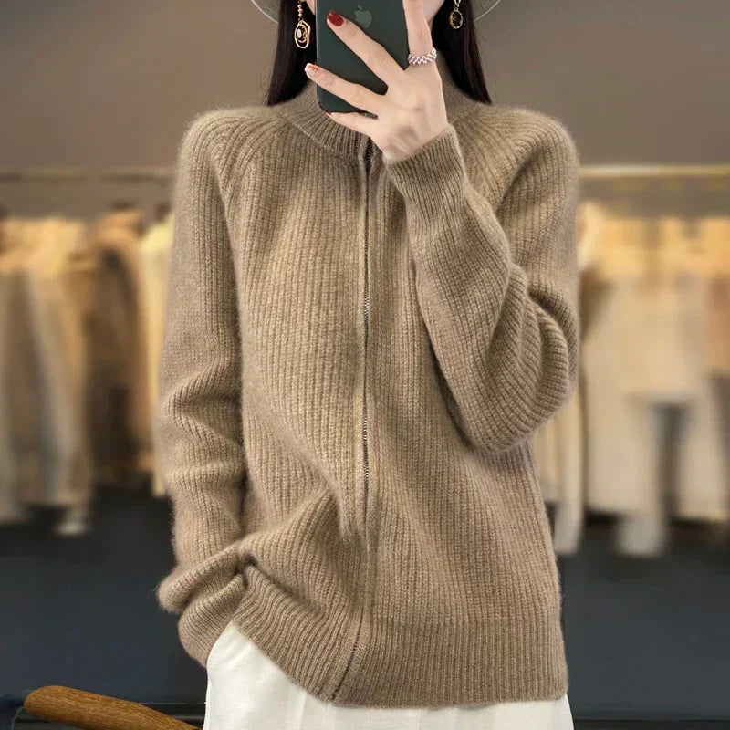 NovaWeave 100% reine Woll-Strickjacke mit Reißverschluss für Damen