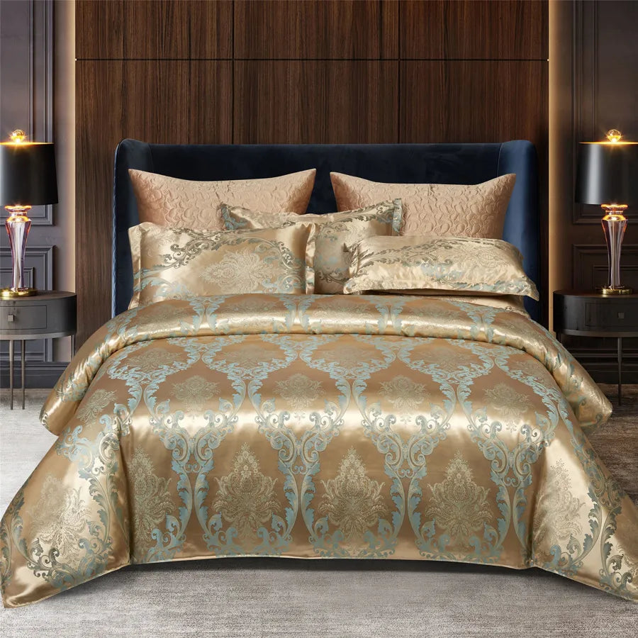 Set di biancheria da letto Aurelume in jacquard satinato blu e oro, 264 x 229 cm