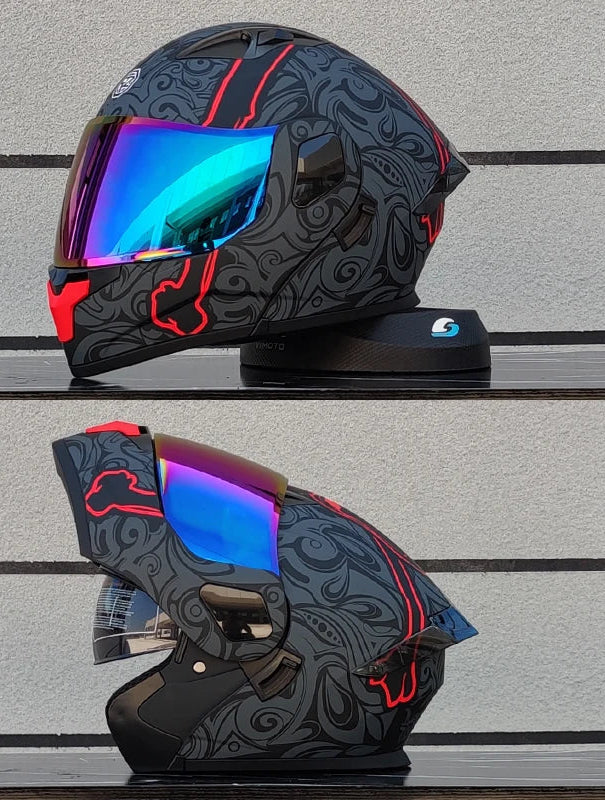 Kask motocyklowy z pełną, odchylaną przednią częścią i dwuwarstwową szybą, zatwierdzony przez DOT