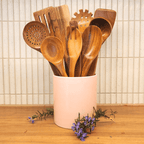 Conjunto de 9 Peças de Utensílios de Cozinha em Teca Natural