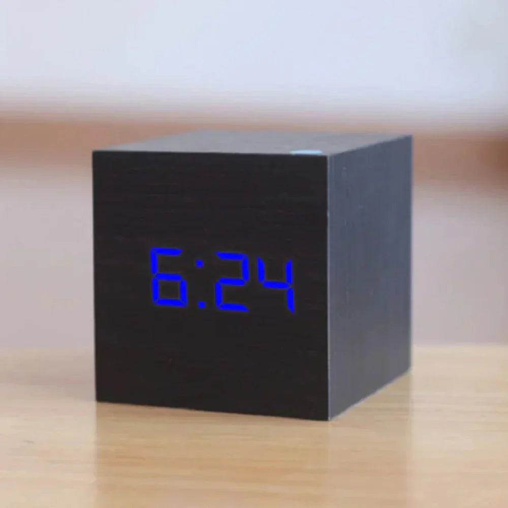 VerdiaCube Alarm Clock With Wooden Finish Shows Time, Date And Temperature